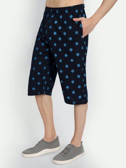 Men's Geometric Print Poly Cotton Capri - Navy Blue